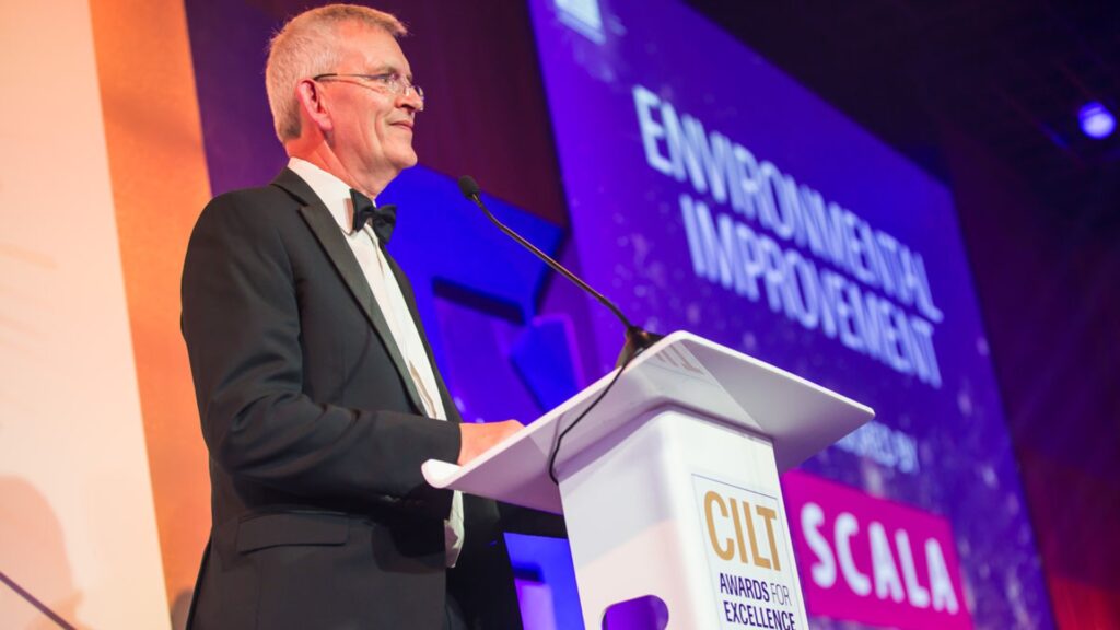 presenting an award at the CILT (UK) Awards for Excellence